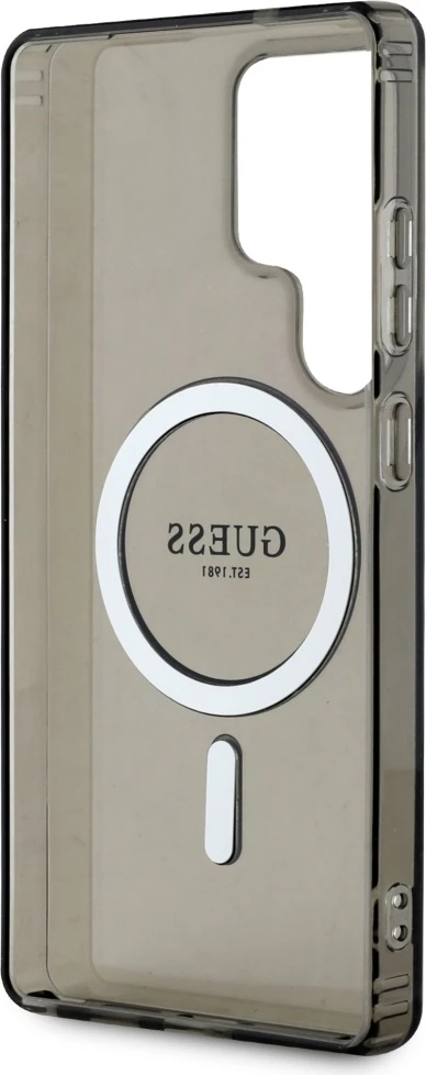 Mbështjellës Guess Glitter Circle Classic Logo MagSafe për Samsung Galaxy S25 Ultra, zi