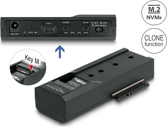 Konvertues USB-C DeLOCK për M.2 NVMe + SATA 2.5/3.5, funksion klonimi, i zi