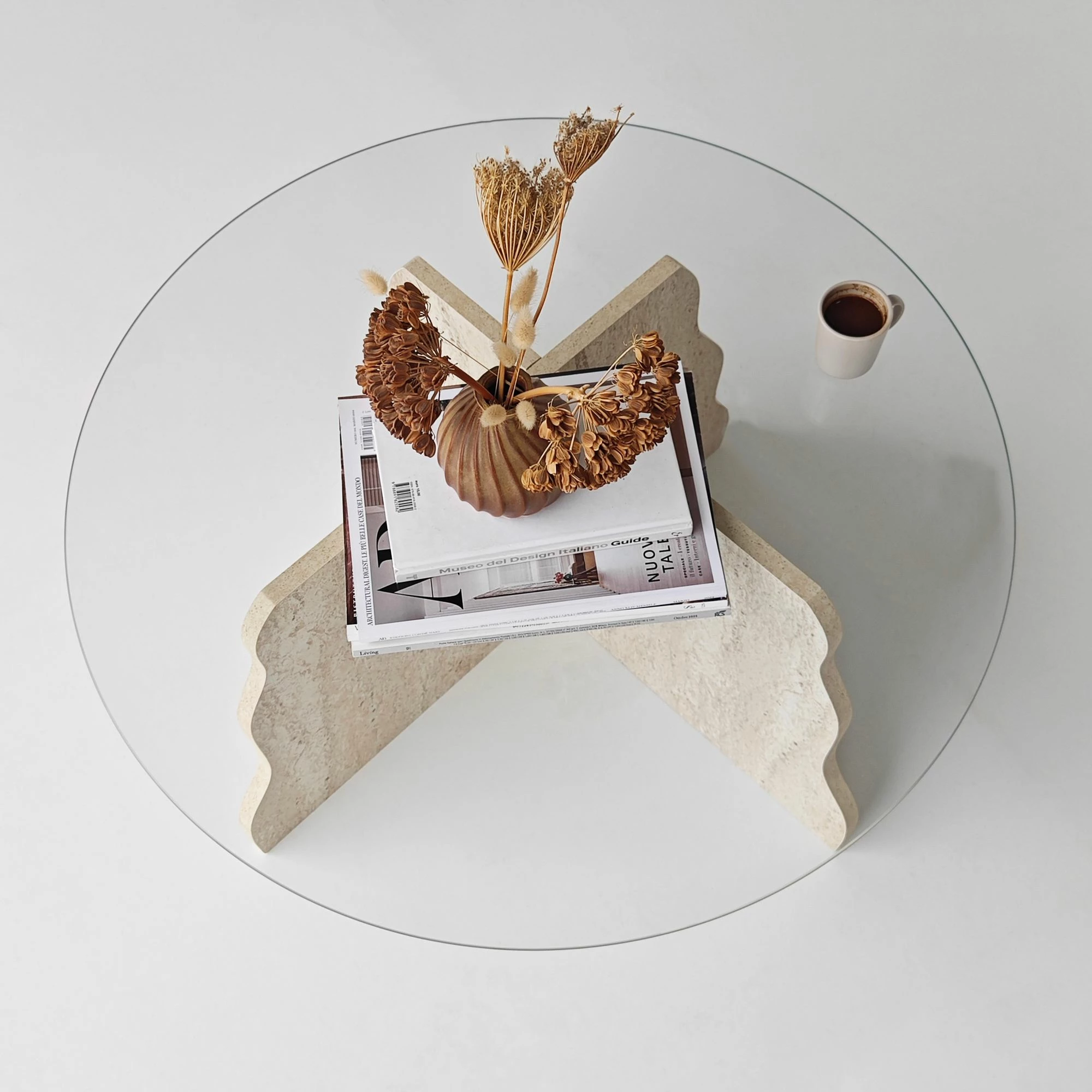 Tavolinë kafeje Skye Decor, Butterfly, travertin, xham transparent