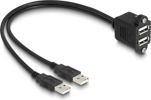 Kabllo USB 2.0 DeLOCK, 2x USB-A mashkull në 2x USB-A femër panel-mount me vida, 1 m, e zezë