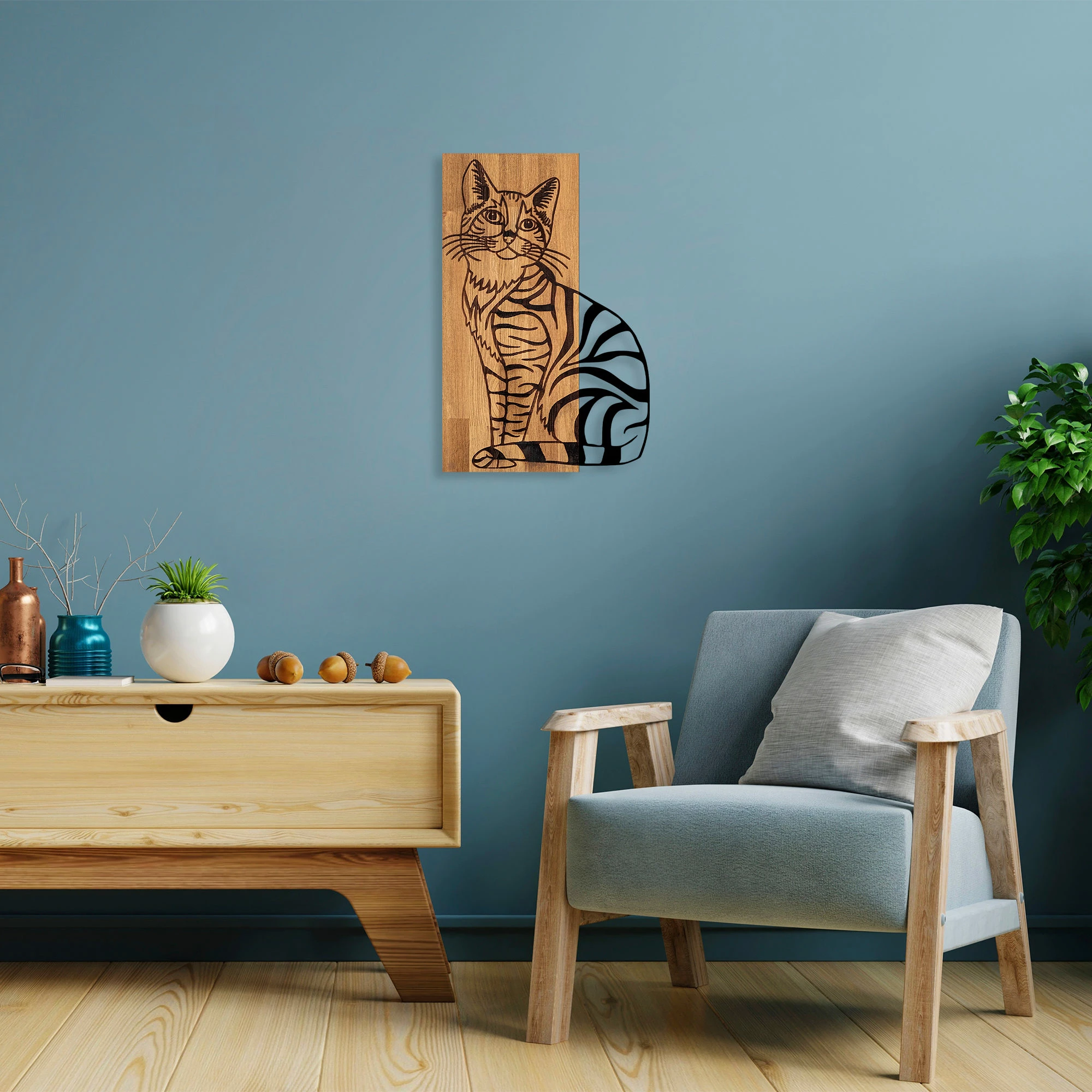 Aksesor dekorativ muri prej druri, Wallity, mace 10, ngjyrë arre & e zezë, 38x58cm
