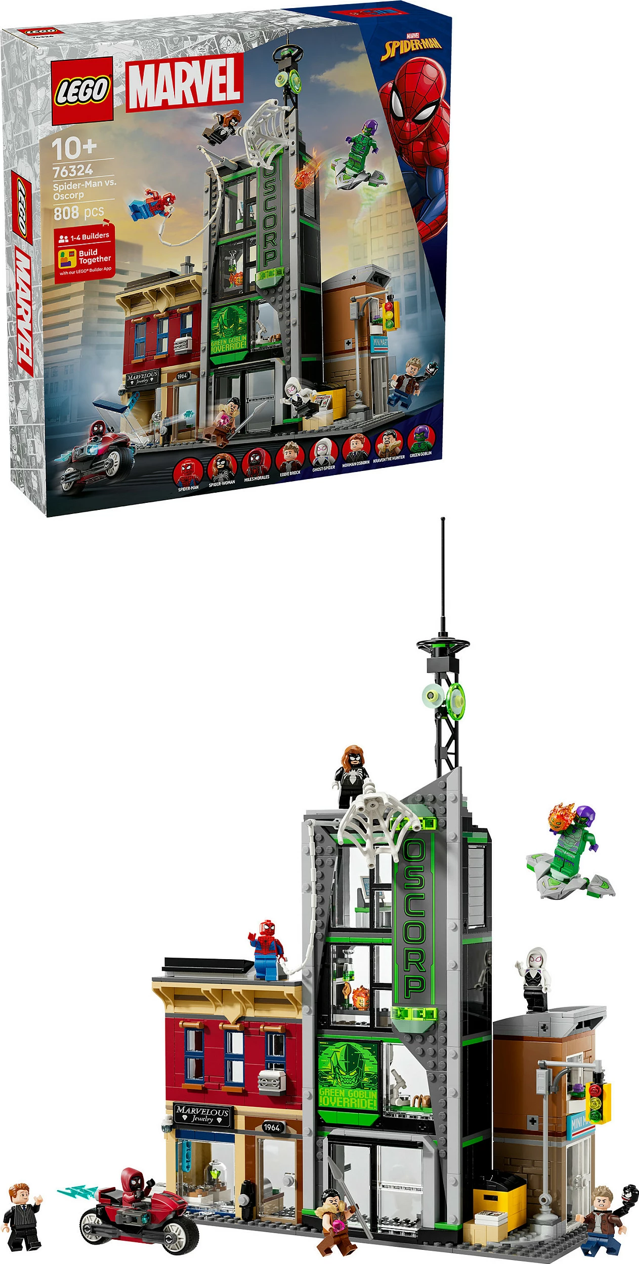 Set ndërtimi LEGO Marvel Spider-Man vs. Oscorp 76324, 808 copë, 10+, shumëngjyrësh