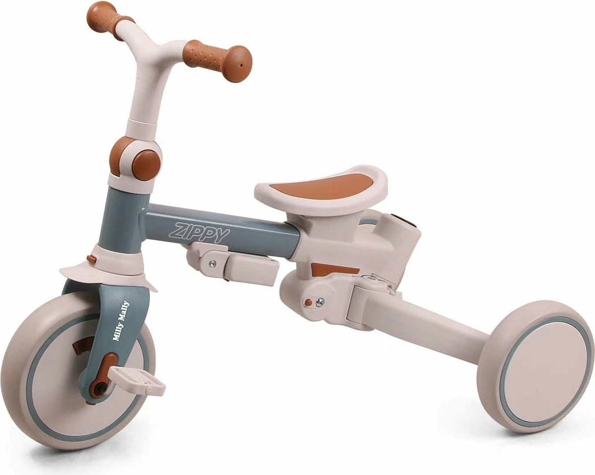 Tricikël fëmijësh Milly Mally Zippy, 12+ muaj, 25 kg max, ulëse rrotulluese 180°, rrota shkumë, kornizë çeliku, me tendë dhe shtytës prindi, Blu