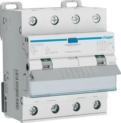 Ndërprerës diferencial me automatik Hager ADX466D, 4P, C16A, 30mA, Typ A, 10kA, gri