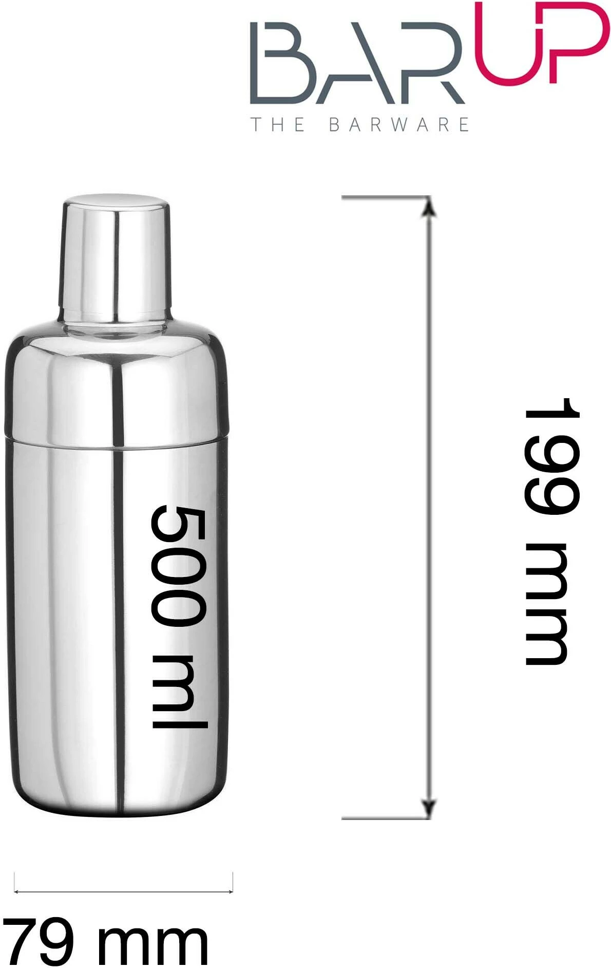 Shaker koktej 3-pjesësh, BarUp, 0.5 L, fi 79 x 199 mm, inox me kullesë të integruar, argjendtë