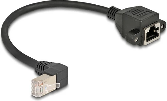 Kabllo rrjeti DeLOCK Cat6a S/FTP, RJ45 90° mashkull në RJ45 femër panel-montim, 0.25 m, e zezë