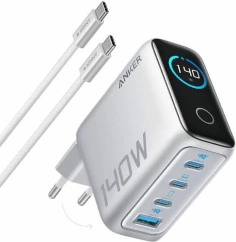 Karikues për laptop Anker B2697 140W GaN PD 3.1, 4 porta (3x USB-C + 1x USB-A), me ekran, gri, me kabllo USB-C në USB-C 1.5m