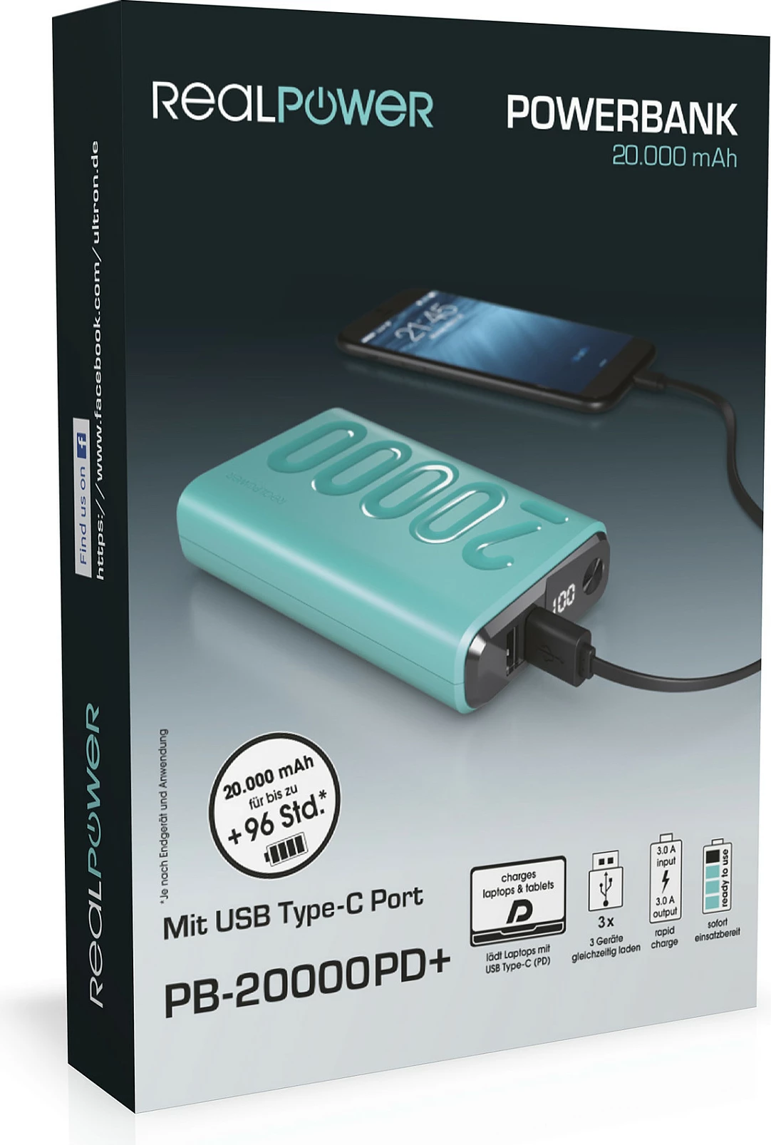 Power bank RealPower PB-20000PD+ Nutopia, 20000 mAh, USB-C PD, 2x USB-A, Blu