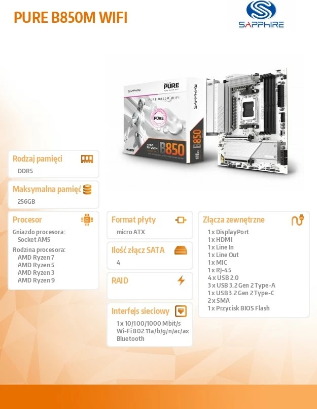 Pllakë amë, Sapphire PURE B850M WIFI, AM5, mATX, 4x DDR5 256GB 8000MHz OC, PCIe 5.0 x16 & M.2, Wi‑Fi 6, 2.5GbE