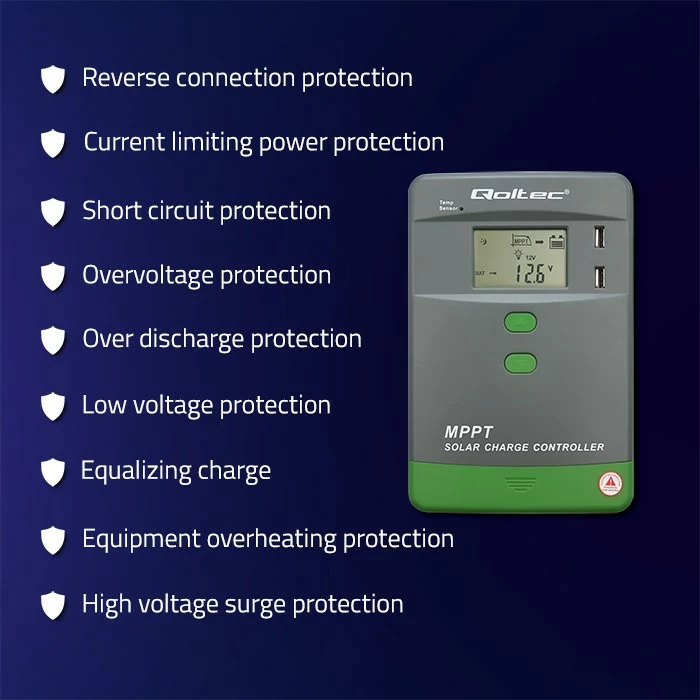 Kontrollues karikimi diellor Qoltec MPPT 53662, 30A, 12V/24V, LCD, 2xUSB, Bluetooth, Gri/Jeshil