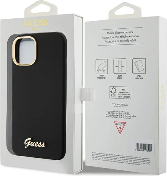 Mbështjellës Guess Silicone Script Metal Logo & Frame për iPhone 15, i zi