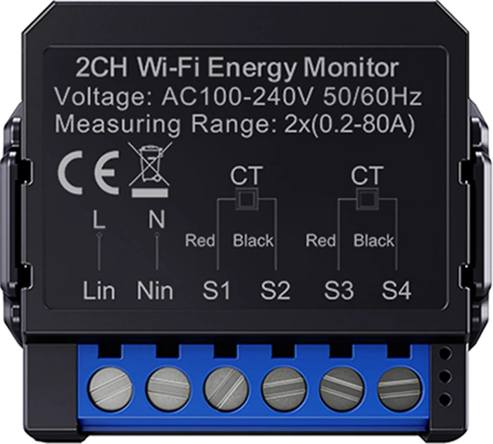 Matës energjie smart Wi‑Fi dykanalësh, Avatto WPM16-2, 0.2-80A, AC 100-240V, Tuya Smart Life, me sensor CT