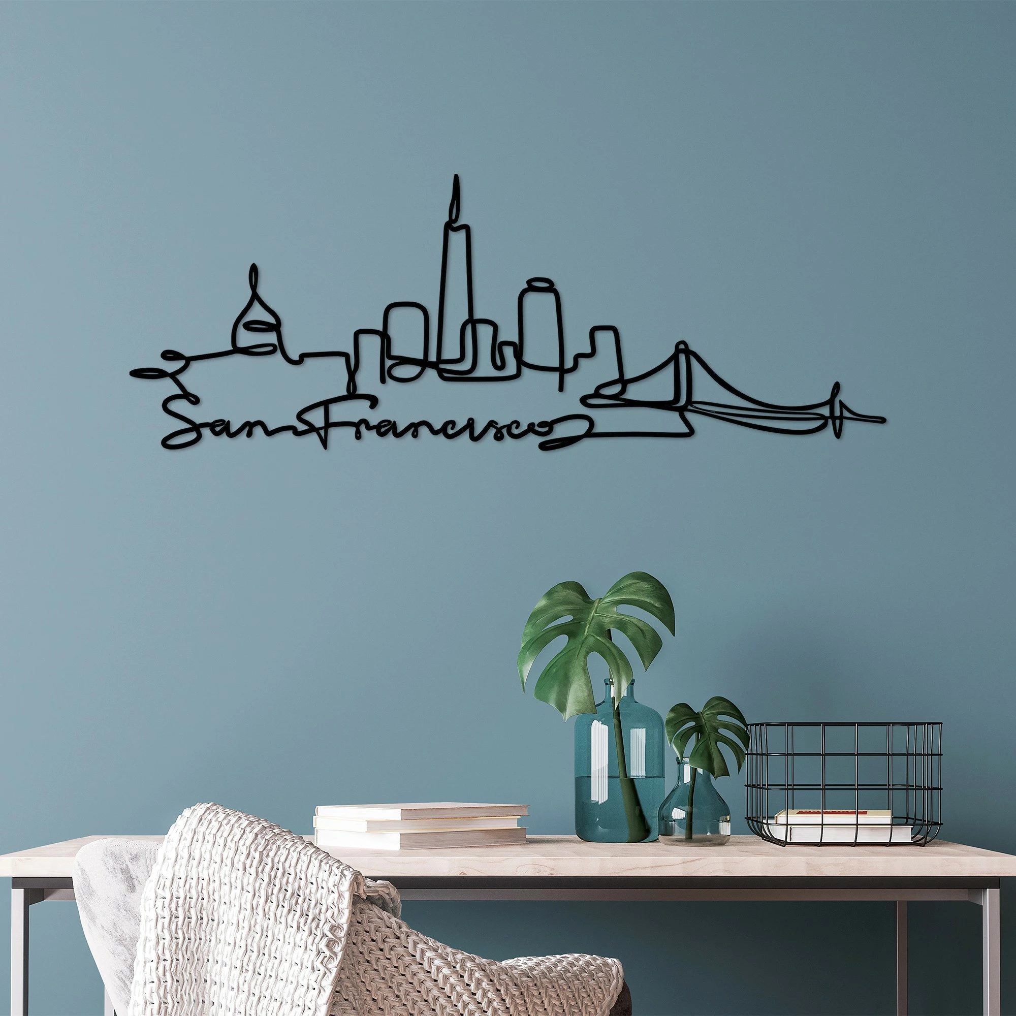 Aksesor dekorativ metalik për mur, skyline San Francisco, ngjyrë e zezë
