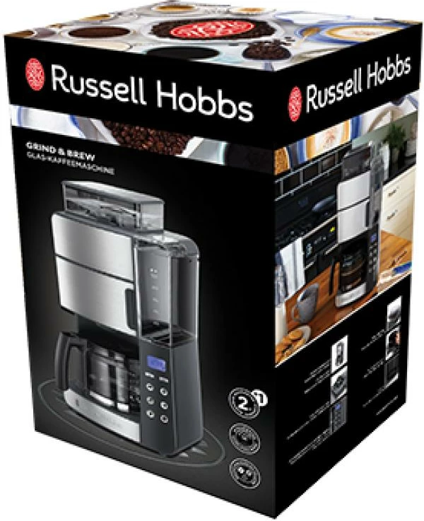 makinë kafeje, Russell Hobbs, Grind & Brew 25610-56, depozitë uji 1.2–1.6 L, për kokrra kafeje, argjendt/zi