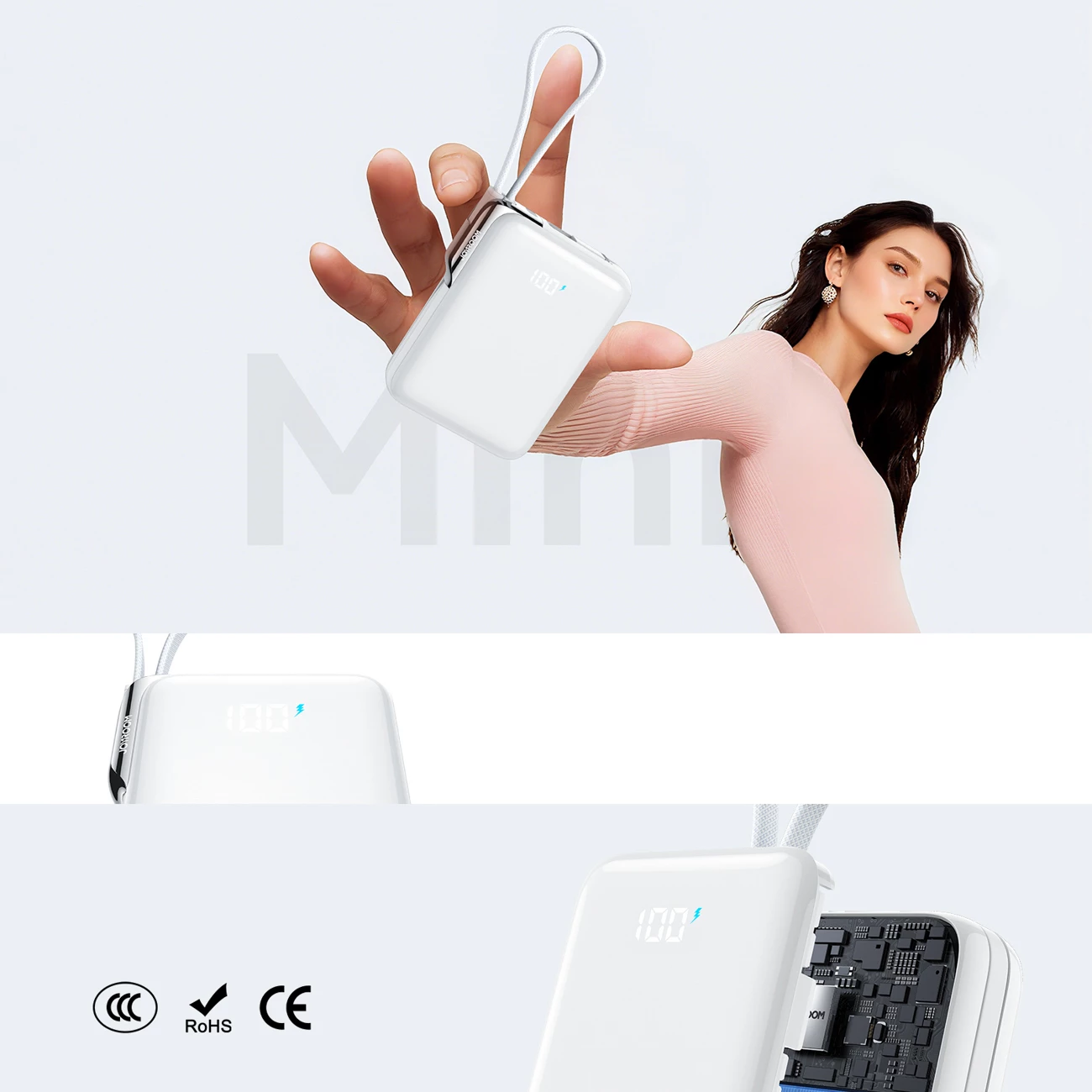 Power bank Joyroom JR-PBF27 Pro 10000mAh 30W me kabllo USB-C të integrume + kabllo USB-C në Lightning, me display, e bardhë