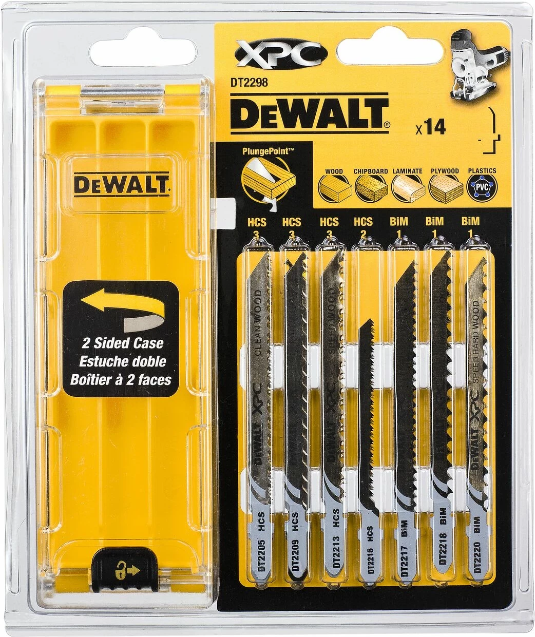 Set tehësh sharrë Dewalt DT2298, 14 copë, me kuti 2-anëshe, e verdhë