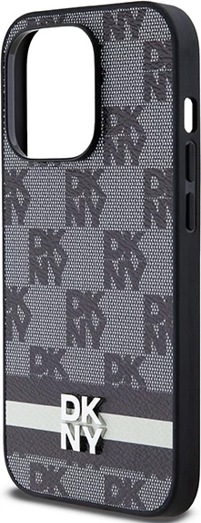 Mbështjellës DKNY Leather Checkered Mono Pattern & Printed Stripes për iPhone 14 Pro, i zi