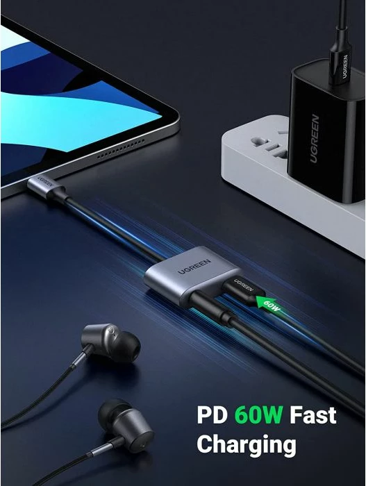 adapter USB-C në 3.5mm + USB-C UGREEN 60164, 2-në-1, PD 60W, DAC 24bit/96kHz, gri