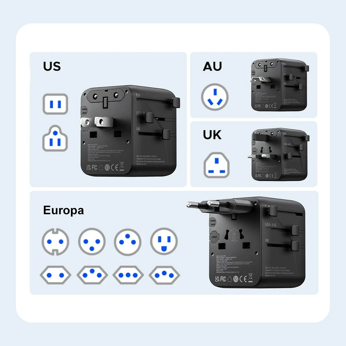 Karikues udhëtimi Orico GaN III, adapter universal UK/EU/US/AU, 2x USB-C 20W PD, USB-A, i zi