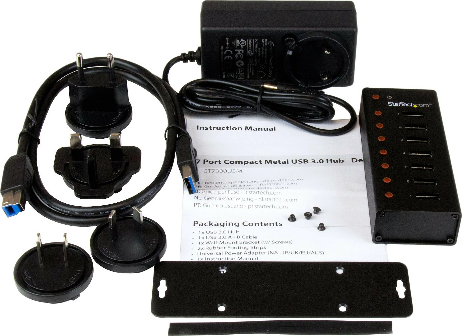 USB Hub StarTech ST7300U3M, 7-Port USB 3.2 Gen 1 (5Gbps), me adapter rryme, montim në mur/tavolinë, i zi