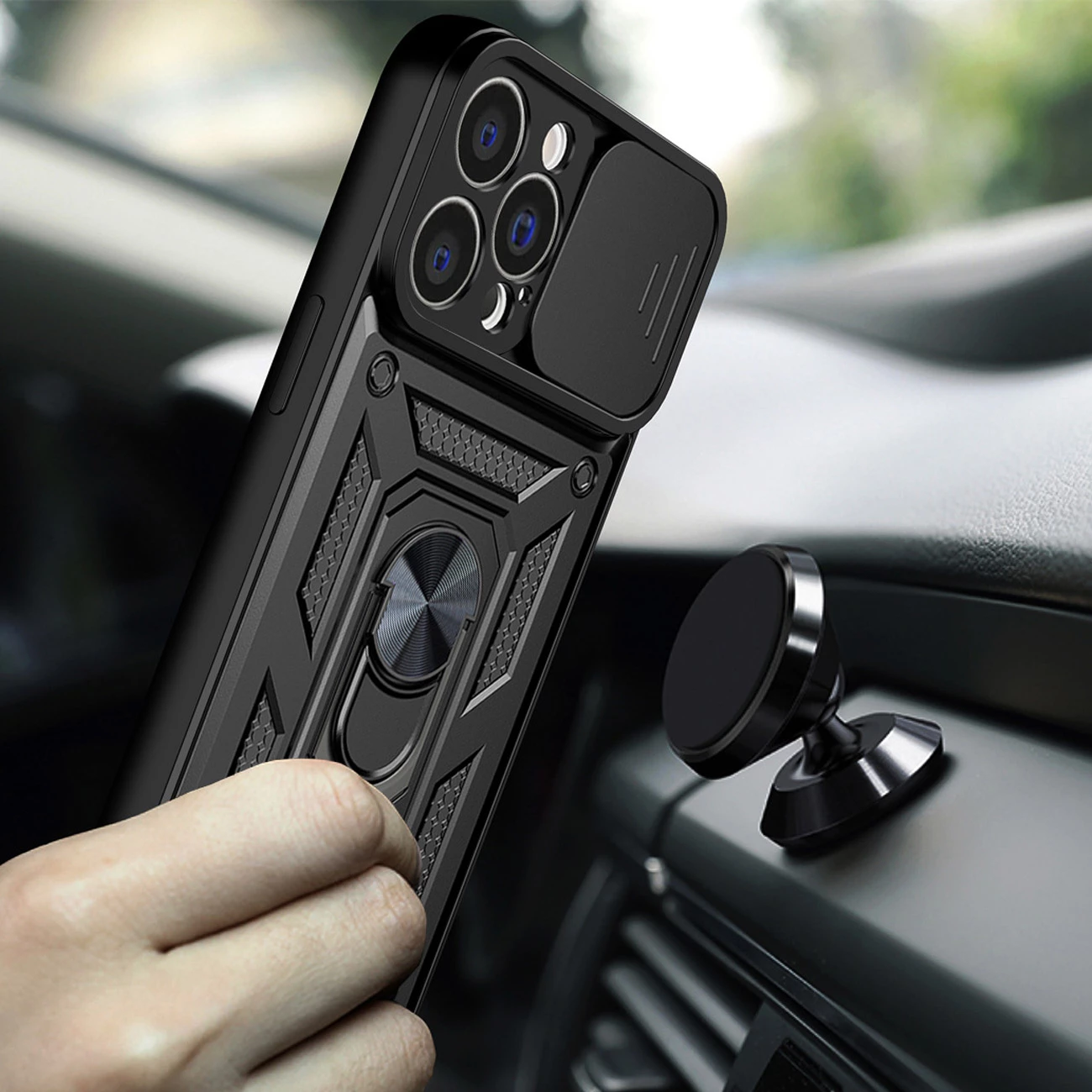 Mbështjellës Hurtel Hybrid Armor Camshield për iPhone 13 Pro Max, me kapak kamere, me unazë metalike, e zezë