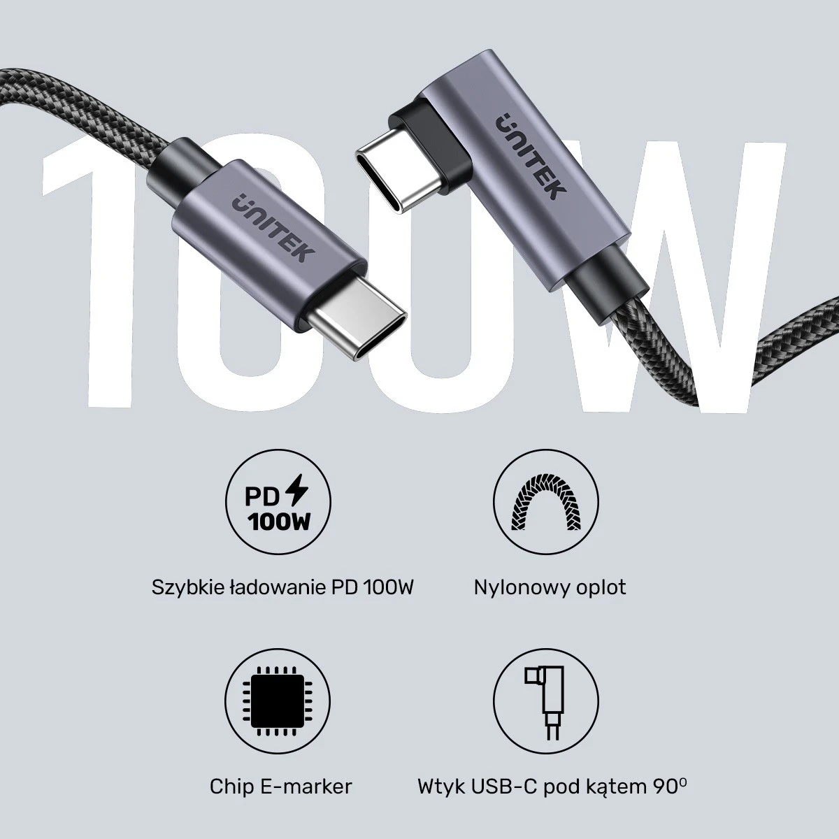 Kabllo Unitek USB-C me kënd 90° PD100W 0,5m, ngjyrë zi-hiri