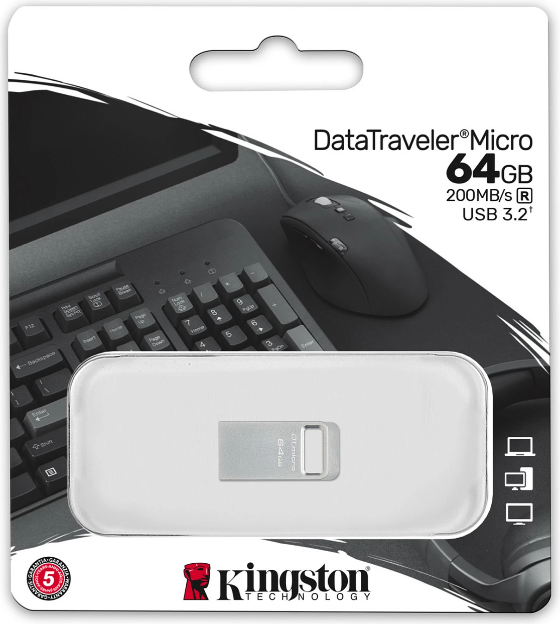 USB Kingston DataTraveler 64GB Micro 200MB/s Metal USB 3.2 Gen 1, Argjendtë