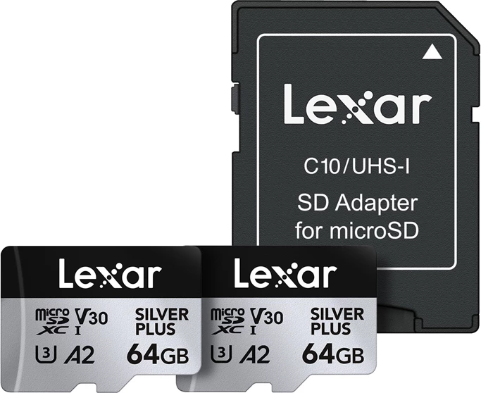 Kartelë memorje microSDXC Lexar Silver Plus LMSSIPL064G-B2ANG 2x64GB UHS-I A2 V30, set 2 copë + adapter SD