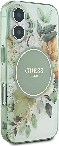 Mbështjellës Guess IML Flower & Tonal Circle MagSafe për iPhone 16 Plus, Gjelbër