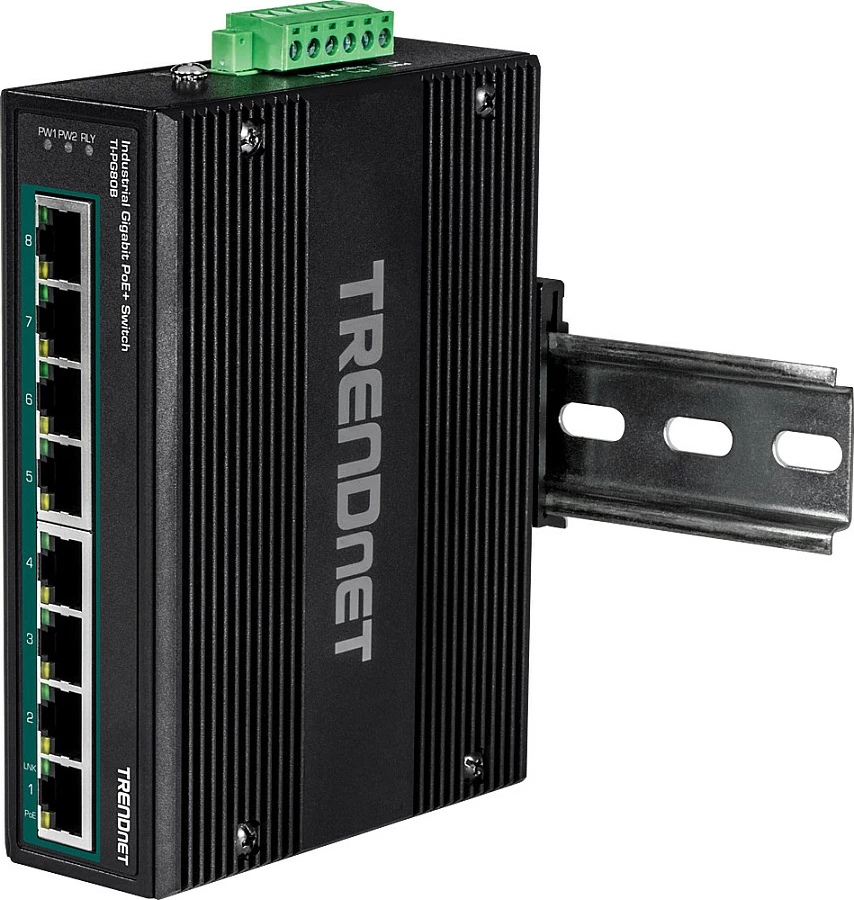 Switch industrial TRENDnet TI-PG80B, 8x Gigabit PoE+ (200W), DIN-rail/Wall, IP30, i zi