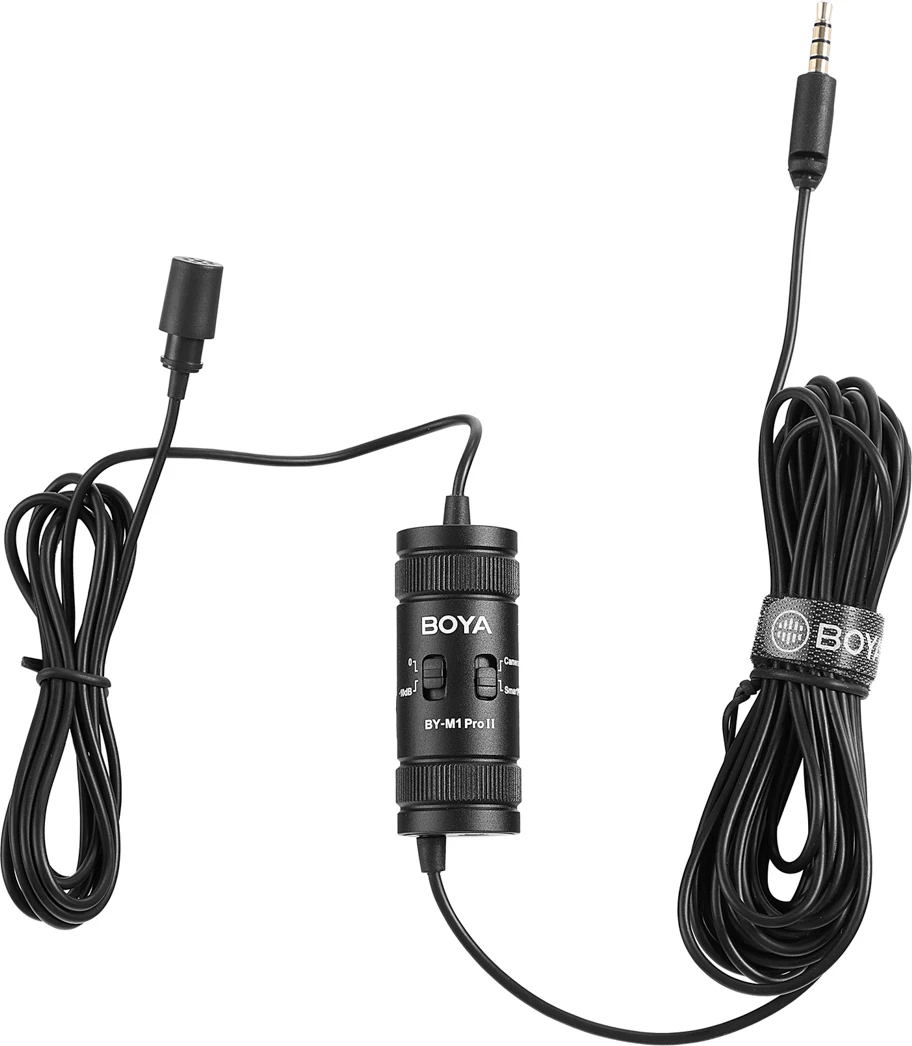 Mikrofon lavalier i lidhur BOYA BY-M1 Pro II, 3.5mm TRRS, kabllo 6 m, me monitorim, i zi, set me klip dhe mbrojtës ere