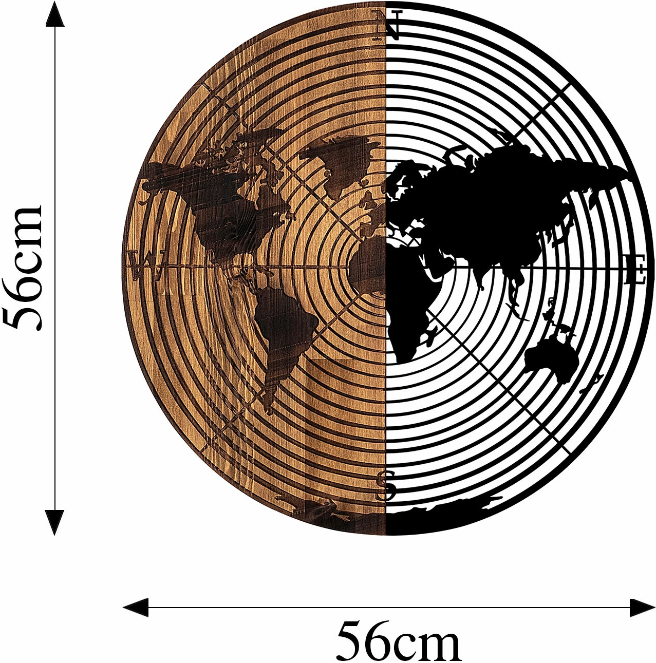 Aksesor dekorativ muri prej druri, hartë bote, Wallity, 321, ngjyrë e zezë dhe arre, Ø56cm