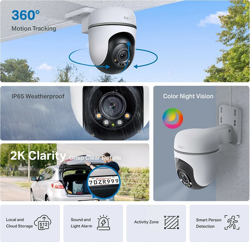 Kamerë sigurie IP TP-Link Tapo TC41 V2, Wi-Fi, Pan/Tilt 360°, 2K, IP65, Alexa/Google, bardhë/zezë