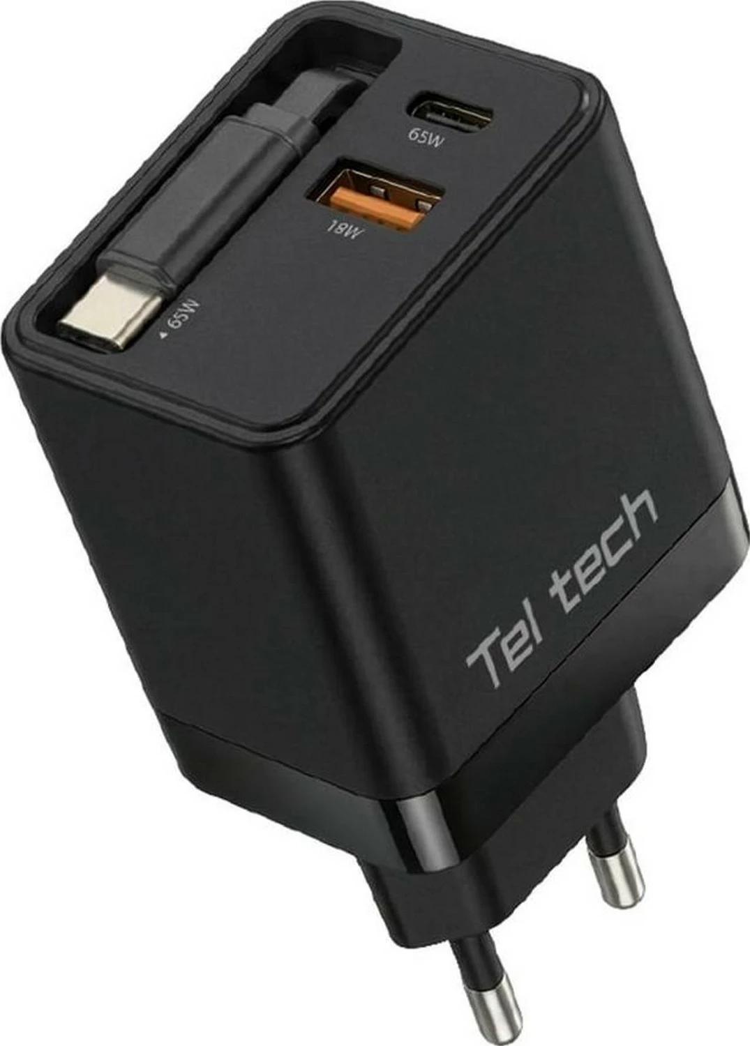 Karikues rrjeti Teltech TCH-11, 65W, 1x kabllo USB-C e integruar + USB-C + USB-A, i zi