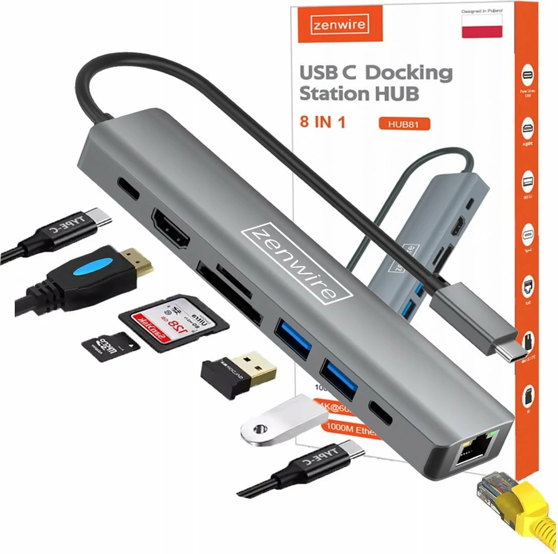 Hub USB-C Zenwire HUB81 8-në-1 HDMI 4K@60Hz Gigabit Ethernet PD 100W, Space Gray