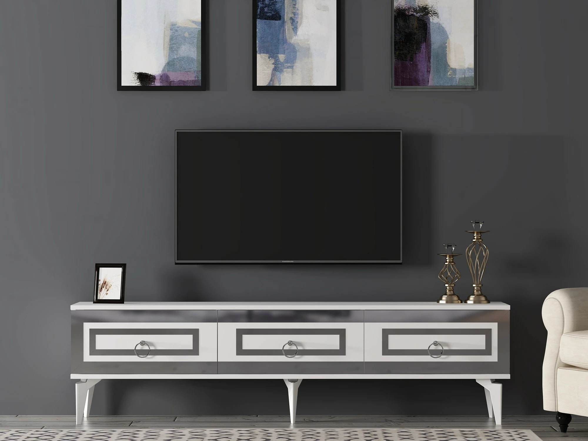 Komodë TV Hanah Home, Karya, e bardhë dhe argjend