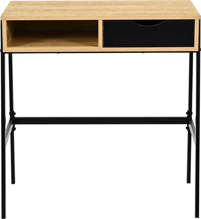 Tavolinë zyre me raft dhe sirtar Rezio, ngjyrë lisi, këmbë metalike të zeza, 75x45x76cm