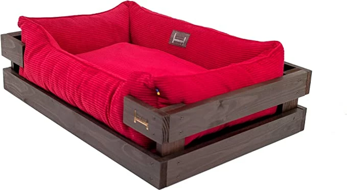 Harley & Cho Shtrati për kafshët "Dreamer Wood" prej druri (L, i kaftë + kadife e kuqe)