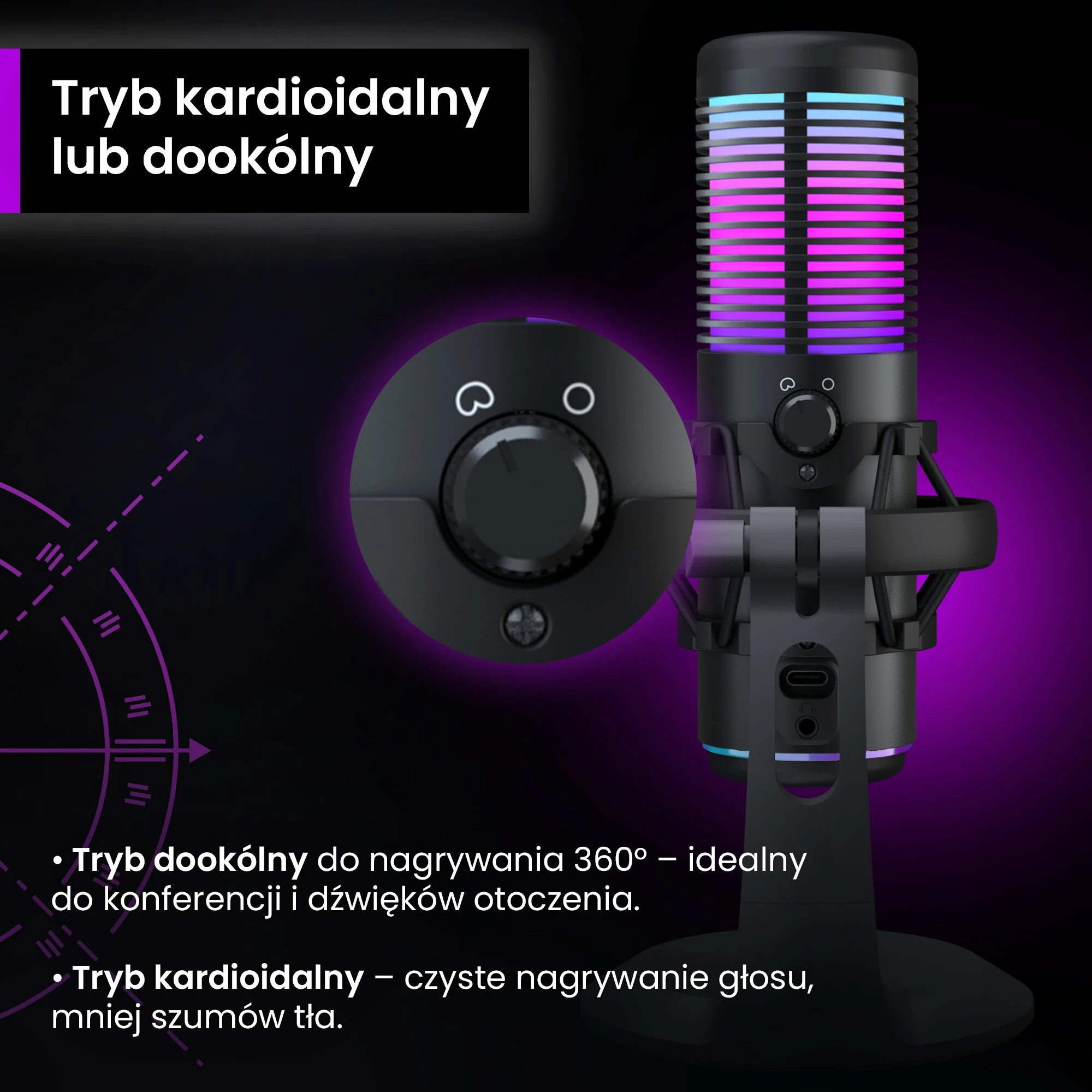Mikrofon gaming USB PREYON Osprey Scream POS43B, RGB, cardioid/omnidirectional, me krah dhe kapëse tavoline, i zi