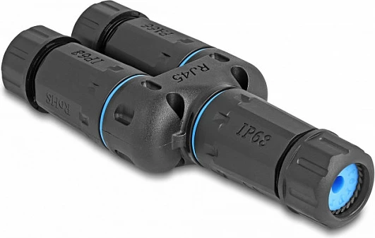 Adapter RJ45 DeLOCK Cat6a IP68, 1x RJ45 në 2x RJ45, i zi/kaltër