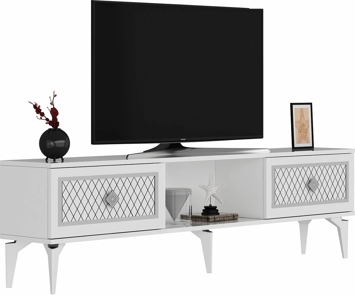 Komodë TV Skye Decor, e bardhë, argjend