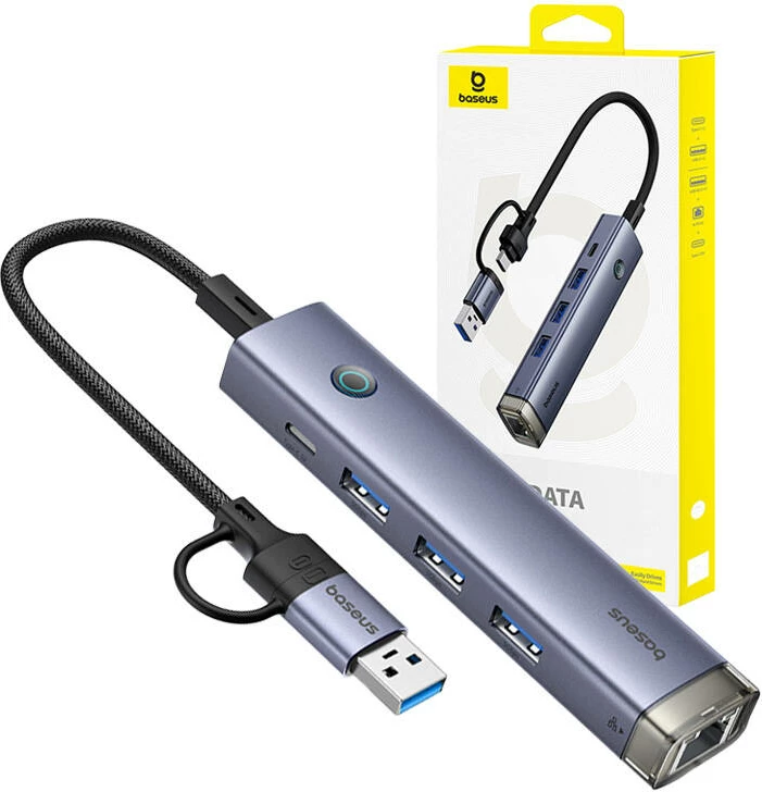 Hub Baseus UltraJoy 4in1, USB-A & USB-C në 3xUSB3.0 + USB-C + RJ45, Gri