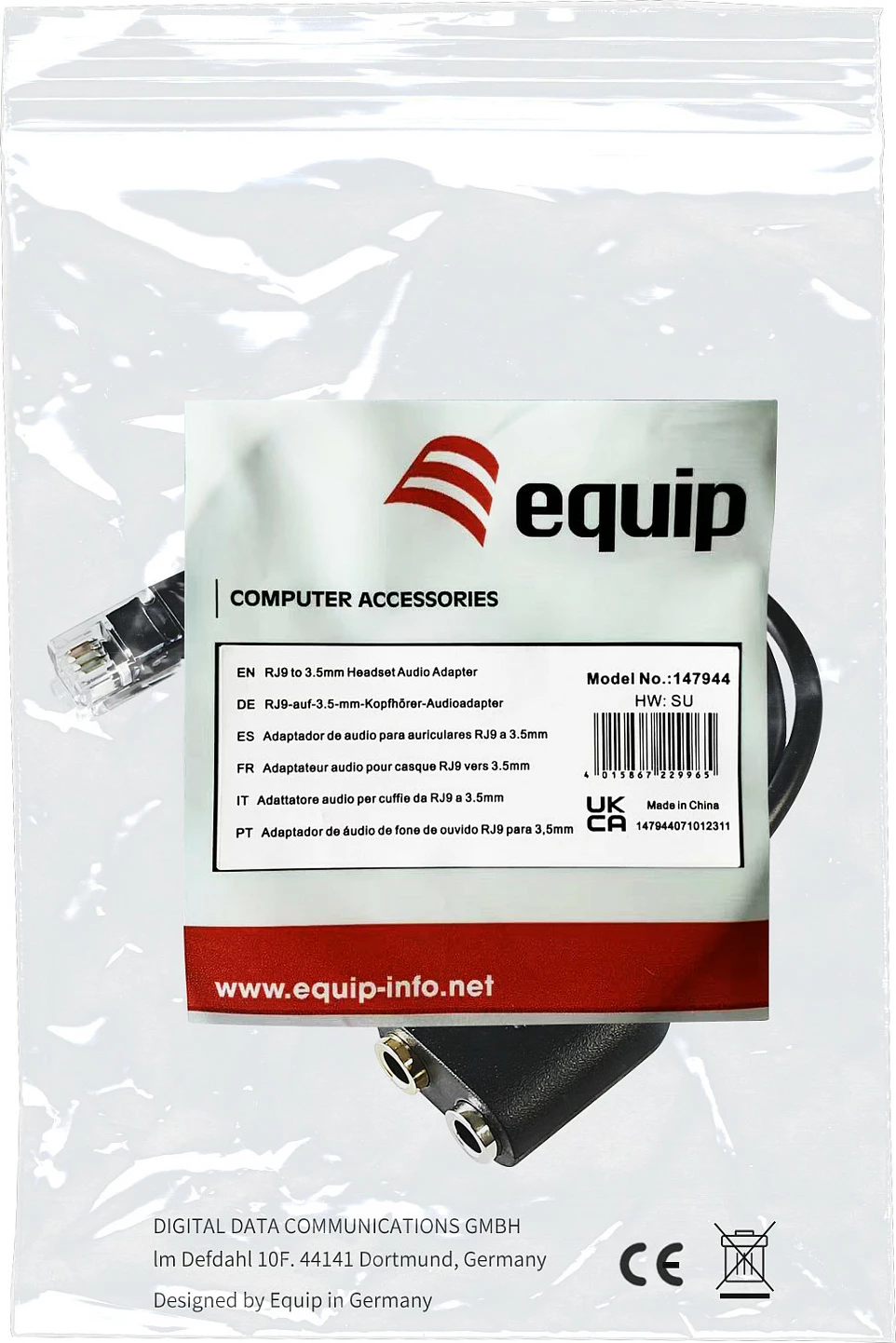 Adapter audio kabllo EQUIP 147944, RJ9 mashkull në 2x 3.5mm femër, 0.25 m, i zi