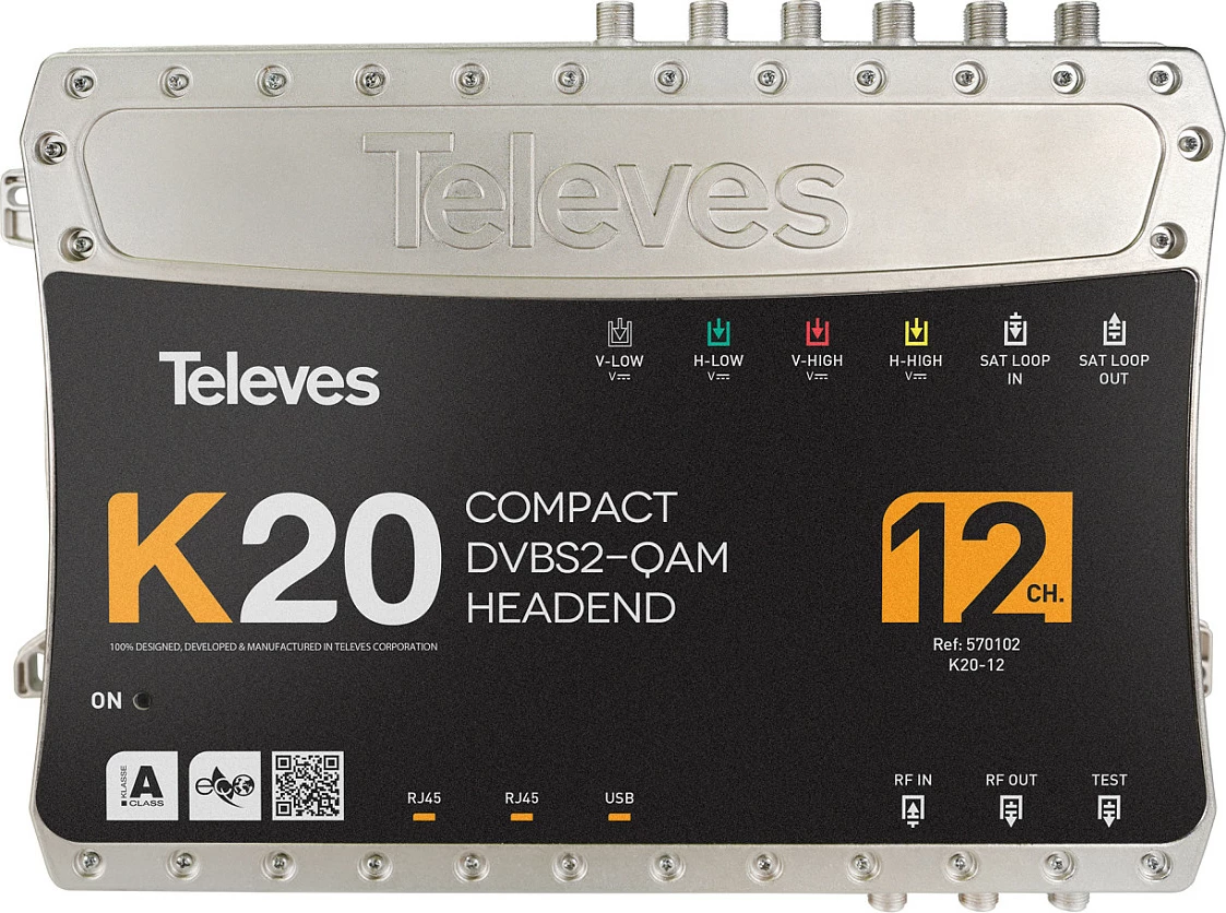 Stacion headend digjital Televes K20-12, DVB-S2 në QAM, 12CH, zi/argjendtë
