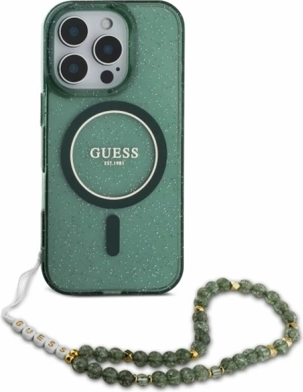 Kapak telefoni Guess IML Glitter me rrip perlash MagSafe për iPhone 16 Pro Max, i gjelbër