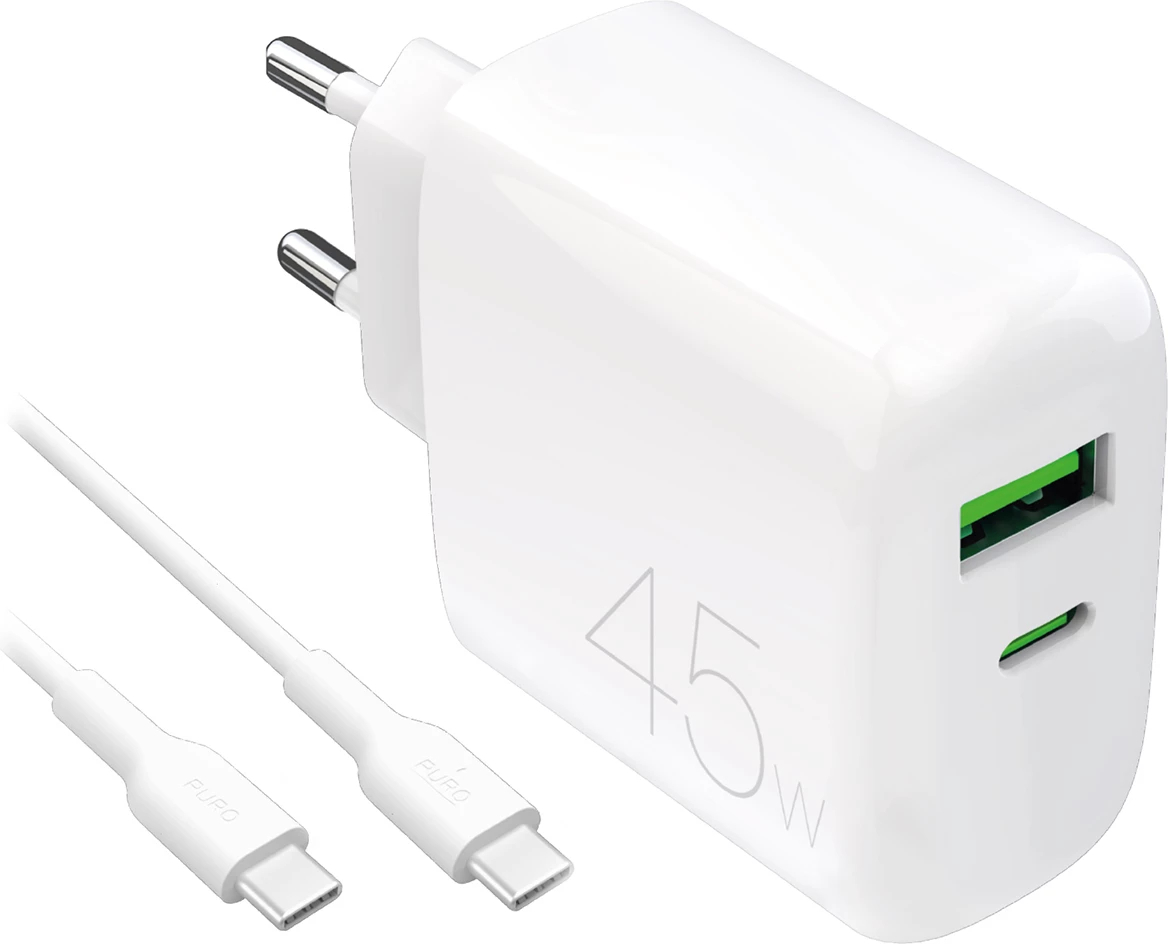 Karikues Puro Daily Prolite 45W me USB-C, USB-A dhe kabllo USB-C, Bardhë