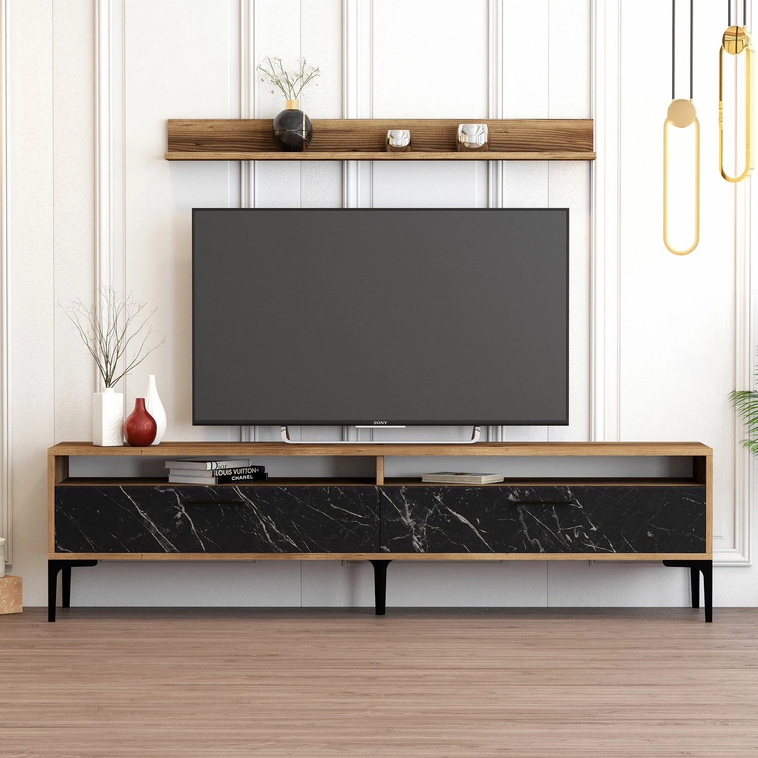 Komodë TV Hanah Home, Istanbul, ngjyrë arre dhe mermer i zi