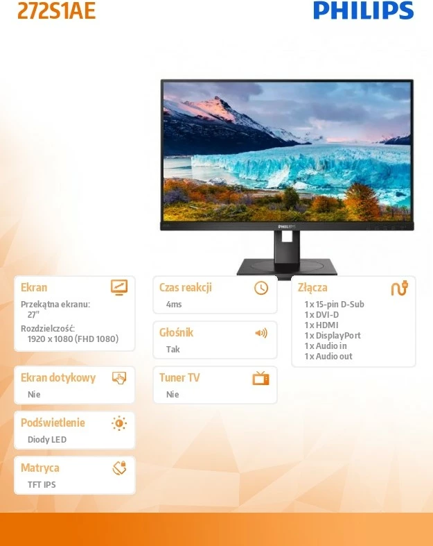 Monitor Philips 272S1AE, 27", IPS, Full HD, Pivot, i zi