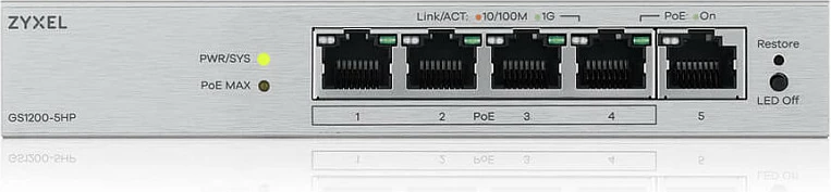 Switch Zyxel GS1200-5HPV3, 5-Port Gigabit, Managed L2, PoE+ 802.3at, Desktop, ngjyrë hiri