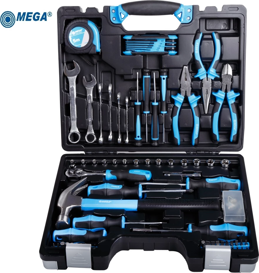 Set veglash MEGA 58085, 85 copë, me valixhe, zi/kaltër
